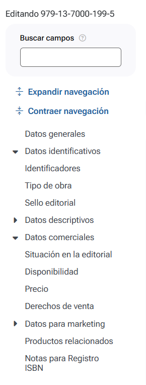 Menu de campos con bloques abiertos